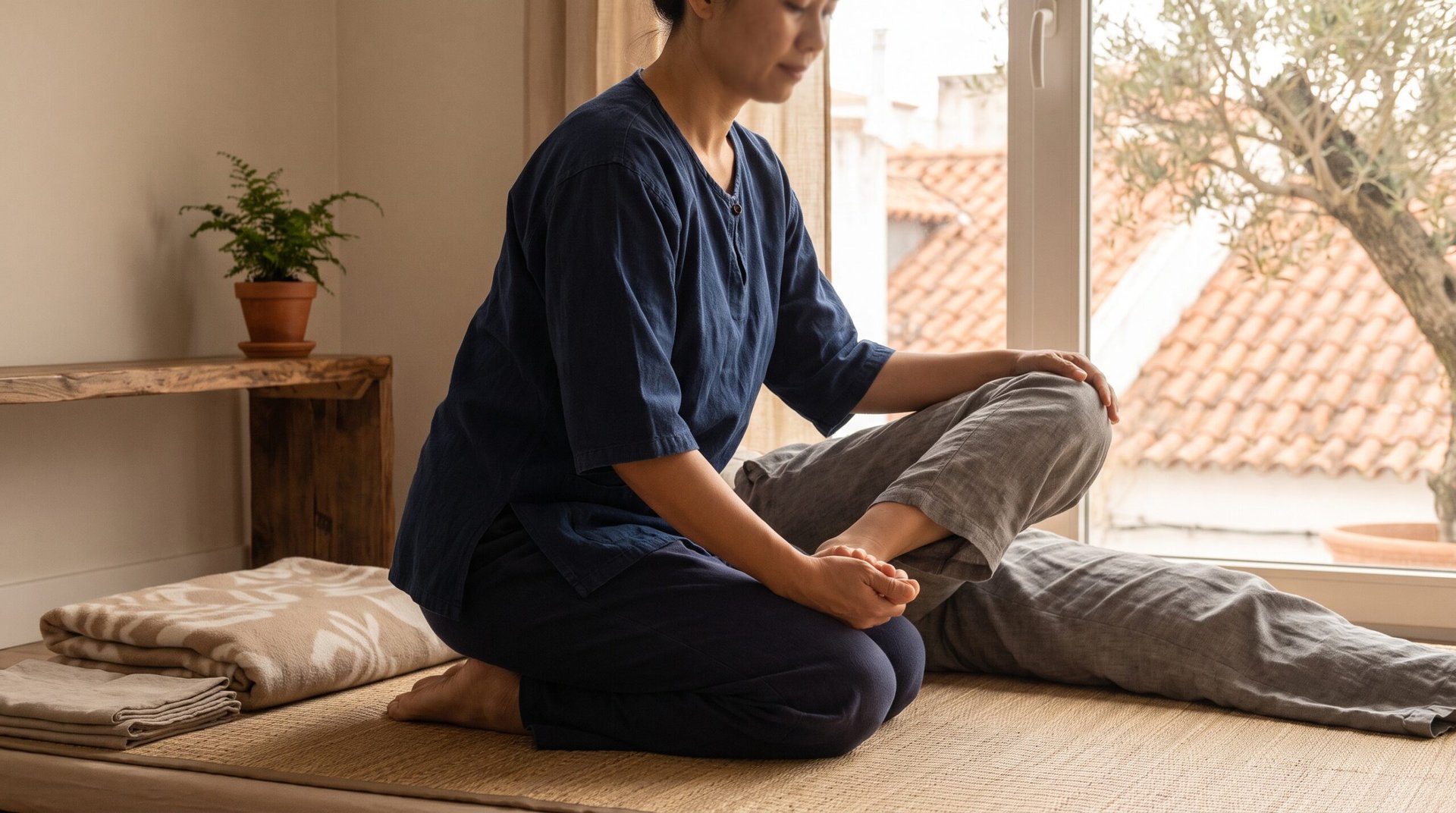 What Is Thai Massage? Meaning, Benefits & What to Expect | Thai Gold Massage Thai massage therapist guiding a client through an assisted stretch in a calm Lisbon studio. Compress below 150 KB. A real photo of your own studio will beat an AI image for trust (see checklist).